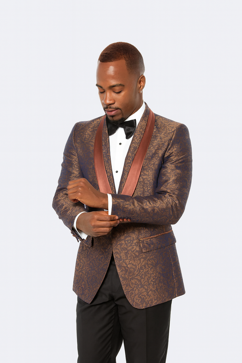 Mens Brown Paisley Tuxedo with Brown Satin Lapel and Black Pants Formal Wedding Suit with Chain Brooch-New Designer Collection