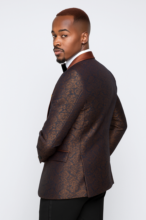 Mens Brown Paisley Tuxedo with Brown Satin Lapel and Black Pants Formal Wedding Suit with Chain Brooch-New Designer Collection