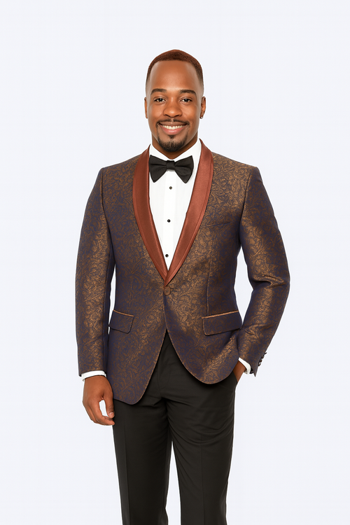 Mens Brown Paisley Tuxedo with Brown Satin Lapel and Black Pants Formal Wedding Suit with Chain Brooch-New Designer Collection