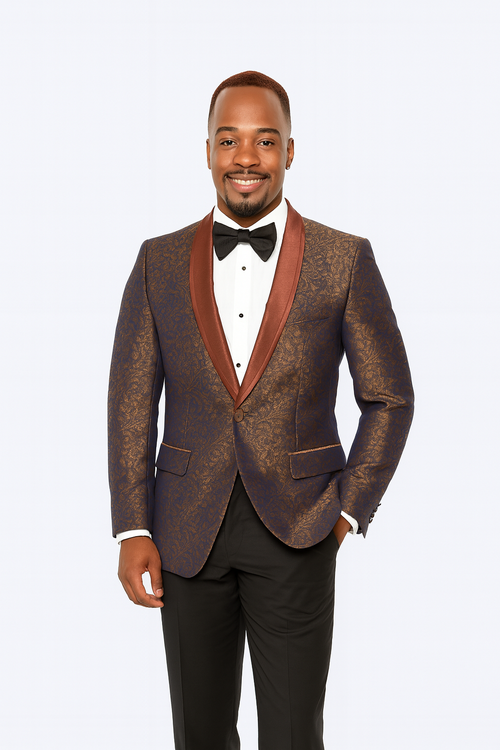 Mens Brown Paisley Tuxedo with Brown Satin Lapel and Black Pants – Formal Wedding Suit with Chain Brooch-New Designer Collection - 34 Short or Extra Small