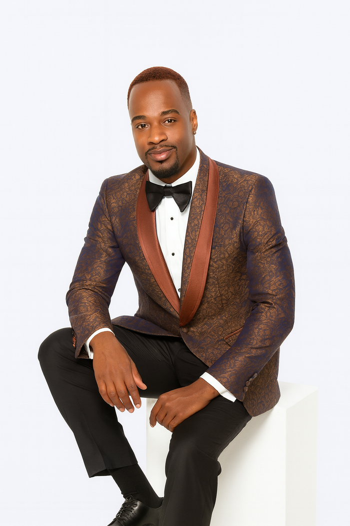 Mens Brown Paisley Tuxedo with Brown Satin Lapel and Black Pants Formal Wedding Suit with Chain Brooch-New Designer Collection
