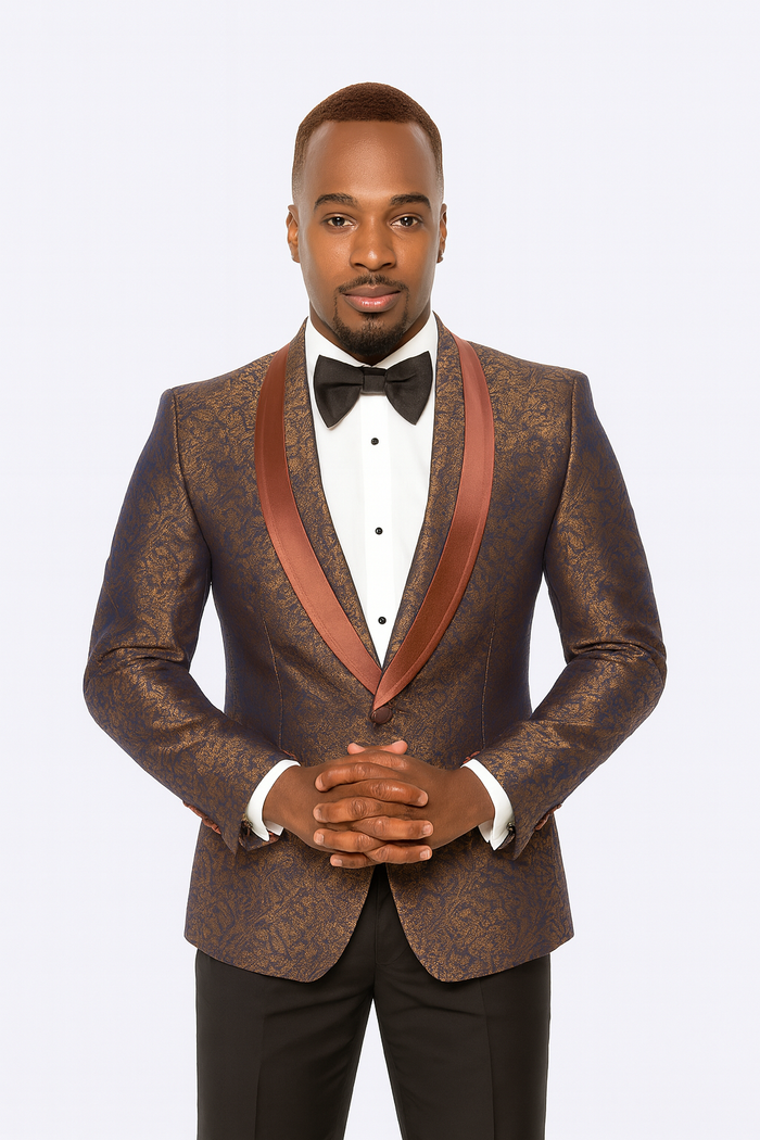 Mens Brown Paisley Tuxedo with Brown Satin Lapel and Black Pants Formal Wedding Suit with Chain Brooch-New Designer Collection
