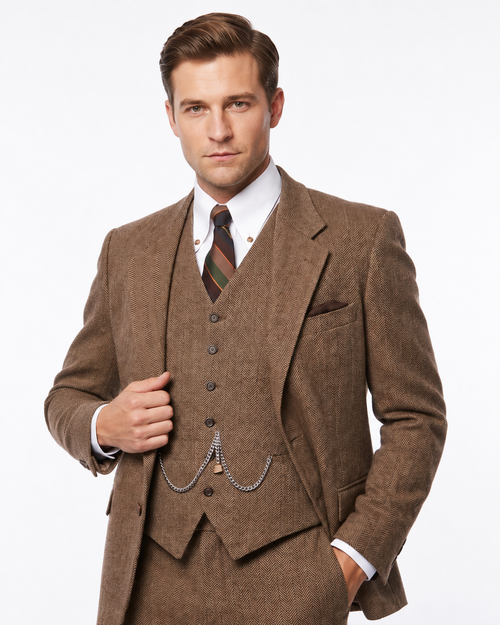 Men’s Light Brown Great Gatsby Tweed Herringbone Vested Suit, Tobey Maguire Inspired 1920s Formal Outfit