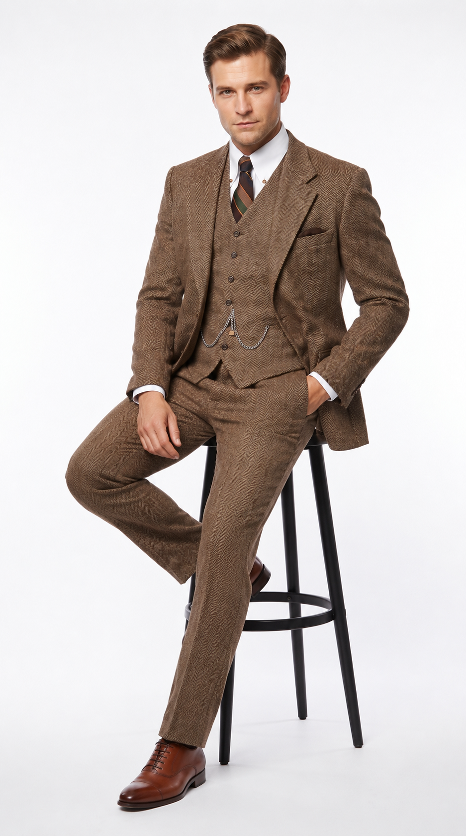 Men’s Light Brown Great Gatsby Tweed Herringbone Vested Suit, Tobey Maguire Inspired 1920s Formal Outfit