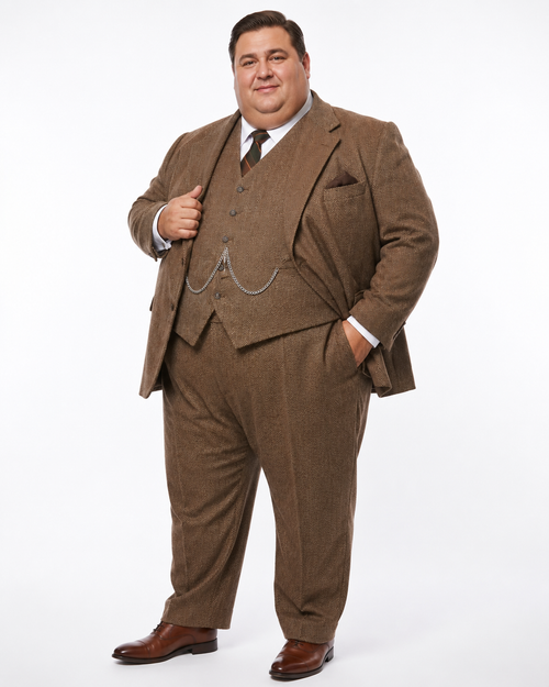 Men’s Light Brown Great Gatsby Tweed Herringbone Vested Suit, Tobey Maguire Inspired 1920s Formal Outfit
