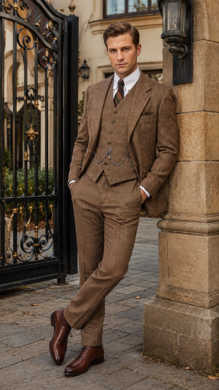 Men’s Light Brown Great Gatsby Tweed Herringbone Vested Suit, Tobey Maguire Inspired 1920s Formal Outfit