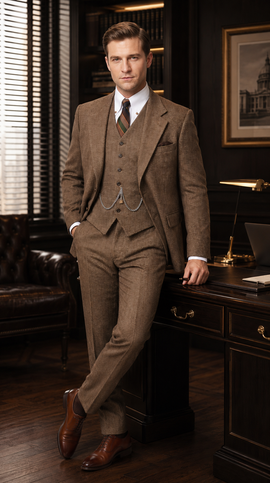 Men’s Light Brown Great Gatsby Tweed Herringbone Vested Suit, Tobey Maguire Inspired 1920s Formal Outfit