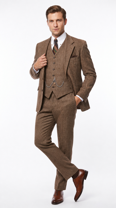 Men’s Light Brown Great Gatsby Tweed Herringbone Vested Suit, Tobey Maguire Inspired 1920s Formal Outfit