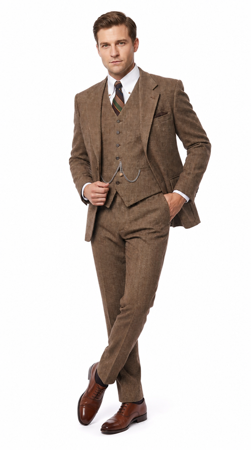 Men’s Light Brown Great Gatsby Tweed Herringbone Vested Suit, Tobey Maguire Inspired 1920s Formal Outfit