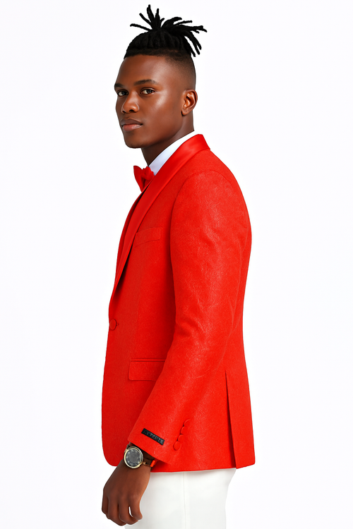 Mens Slim Fit Tonal Paisley Tuxedo Jacket in Red for Wedding and Prom