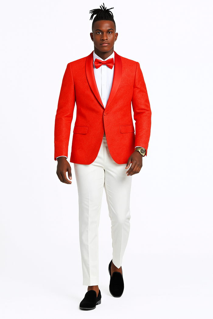 Mens Slim Fit Tonal Paisley Tuxedo Jacket in Red for Wedding and Prom