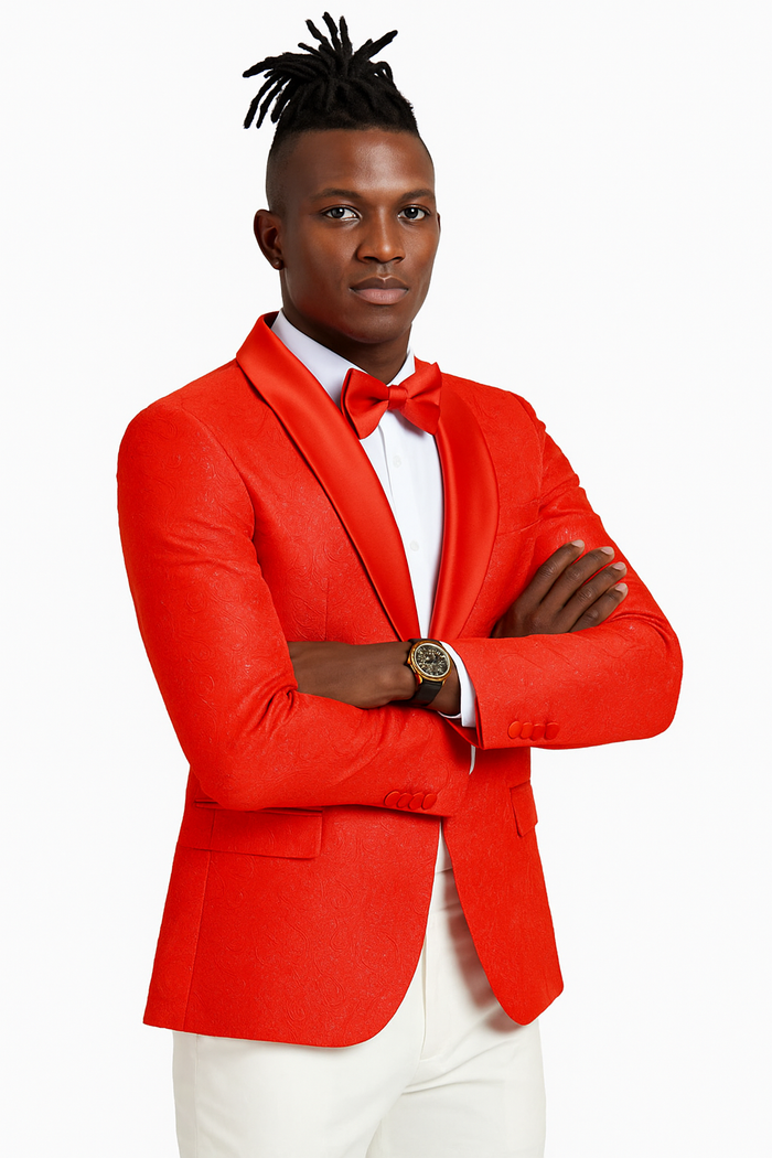 Mens Slim Fit Tonal Paisley Tuxedo Jacket in Red for Wedding and Prom