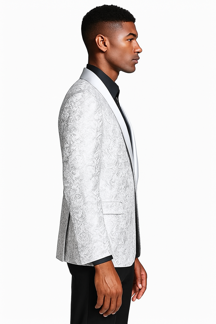 Mens Silver Grey Tonal Paisley Tuxedo Jacket -Slim Fit Wedding and Prom Blazer