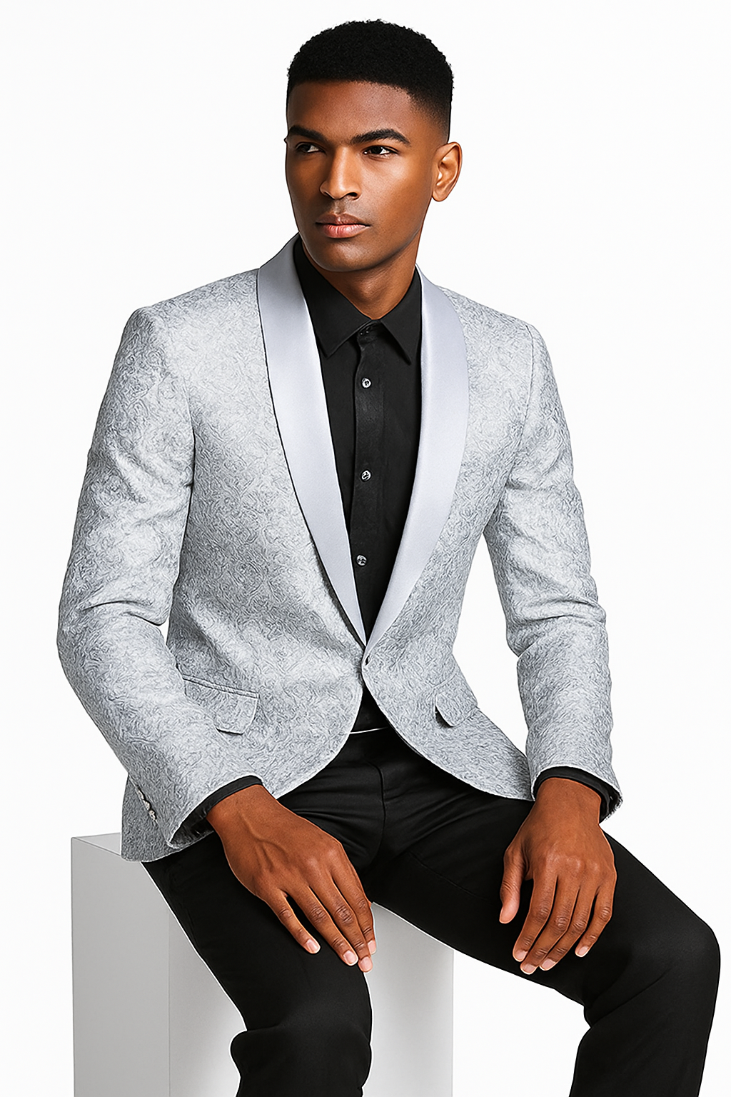 Men’s Silver Grey Tonal Paisley Tuxedo Jacket – Slim Fit Wedding & Prom Blazer - Large