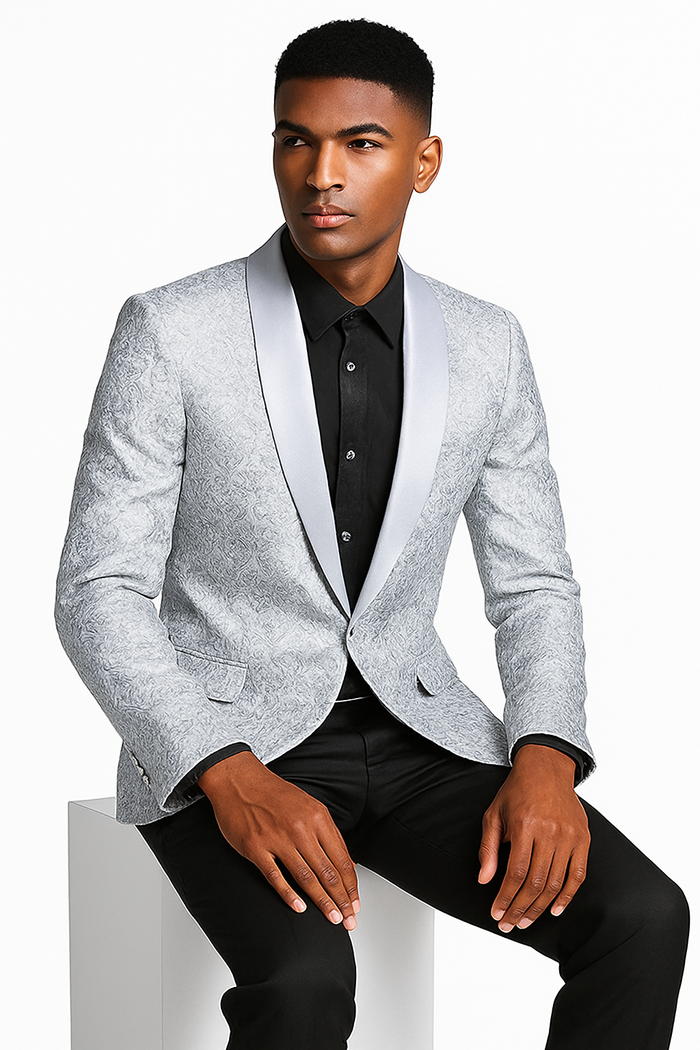 Mens Silver Grey Tonal Paisley Tuxedo Jacket -Slim Fit Wedding and Prom Blazer