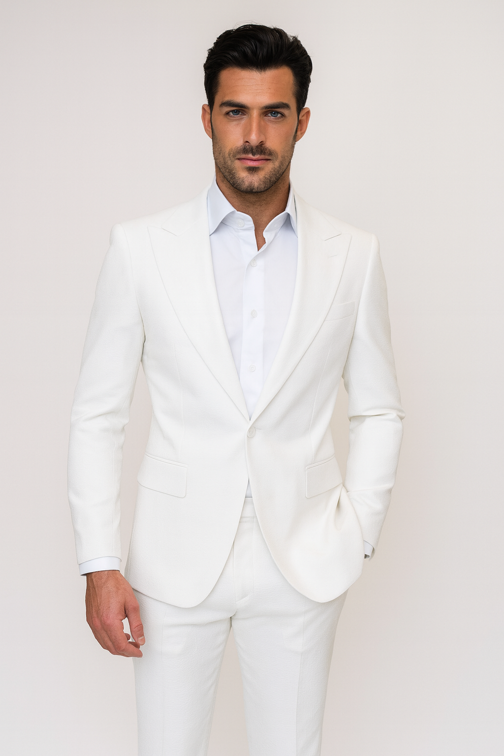 Seersucker Suit Peak Lapel Suit in Color "White" - Summer Fabric Tone on Tone Shadow Stripe By Rossiman - 34 Short or Extra Small