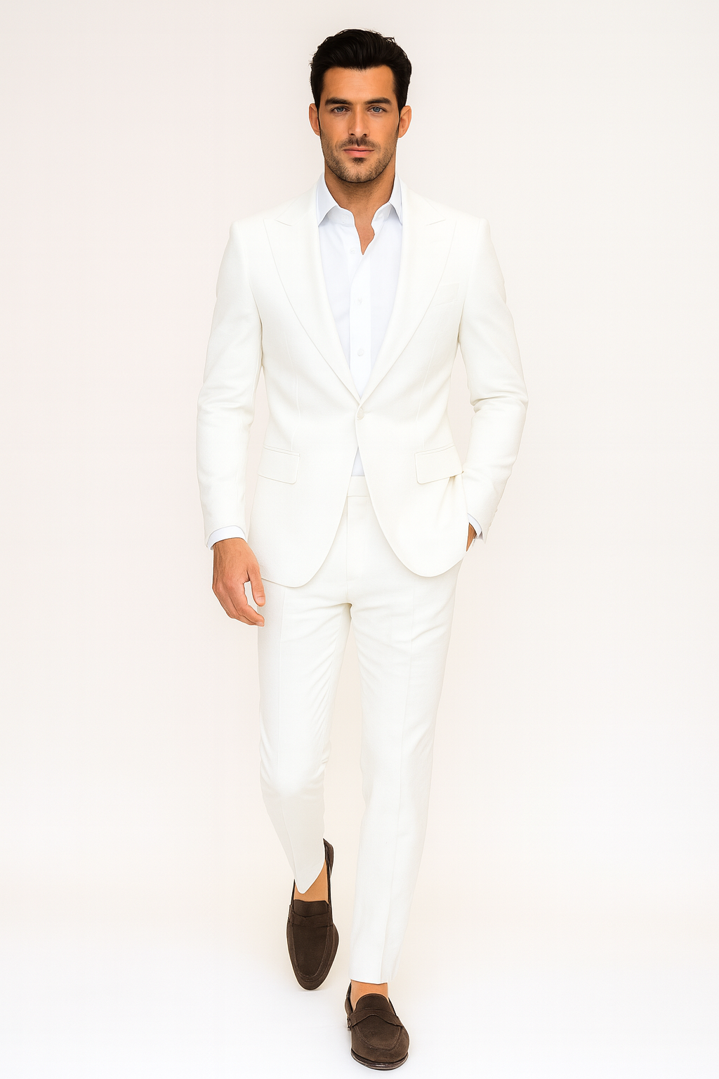 Seersucker Suit Peak Lapel Suit in Color "White" - Summer Fabric Tone on Tone Shadow Stripe By Rossiman - 34 Short or Extra Small