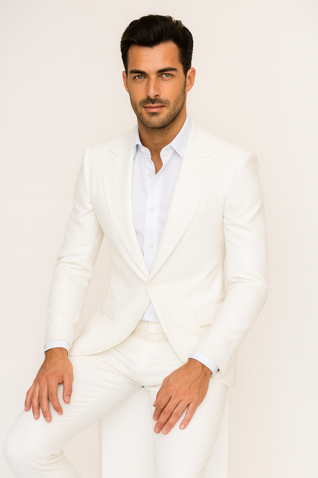 Seersucker Suit Peak Lapel Suit in Color "White" - Summer Fabric Tone on Tone Shadow Stripe By Rossiman - 34 Short or Extra Small