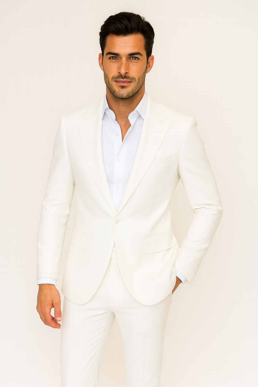Seersucker Suit Peak Lapel Suit in Color "White" - Summer Fabric Tone on Tone Shadow Stripe By Rossiman - 34 Short or Extra Small