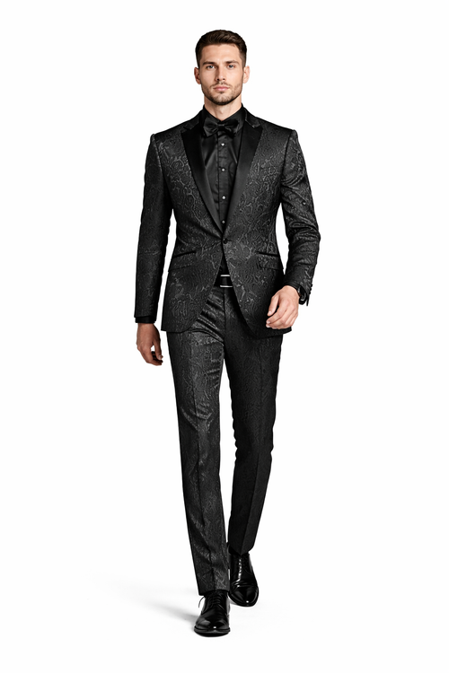 Cheap priced Suit- Men's One Button Slim Fit Paisley Wedding & Prom 2026 Black Tuxedo