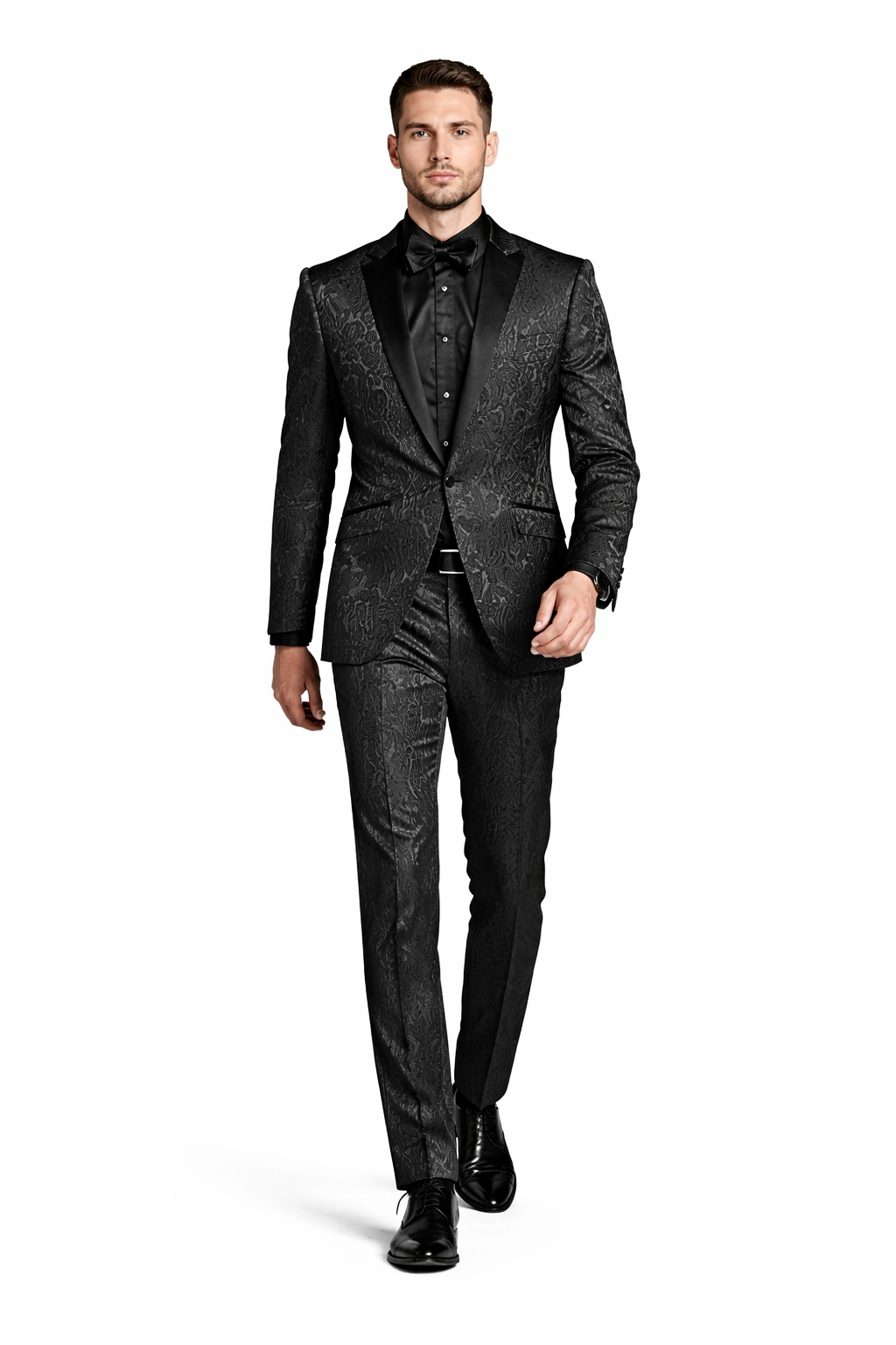 Cheap priced Suit- Men's One Button Slim Fit Paisley Wedding & Prom 2026 Black Tuxedo