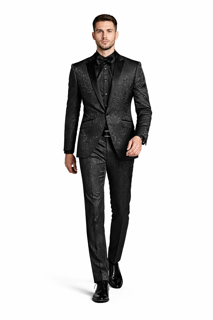 Cheap priced Suit- Men's One Button Slim Fit Paisley Wedding & Prom 2026 Black Tuxedo