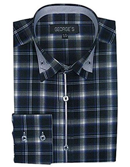 Men's Classic Long Sleeve Plaids And Checks Pattern Navy Casual Dress Shirt