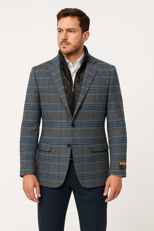 Men's Blue & Grey Checkered Wool plaid  Blazers with Quilted Inner Layer Alberto Nardoni Collection