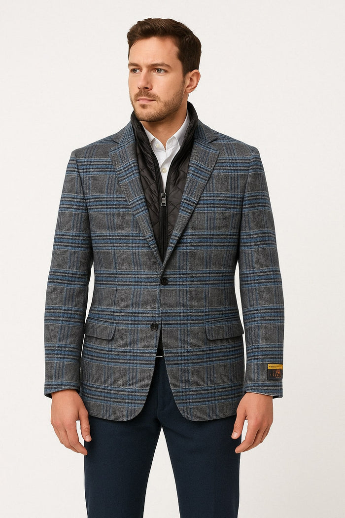 Men's Blue & Grey Checkered Wool plaid  Blazers with Quilted Inner Layer Alberto Nardoni Collection