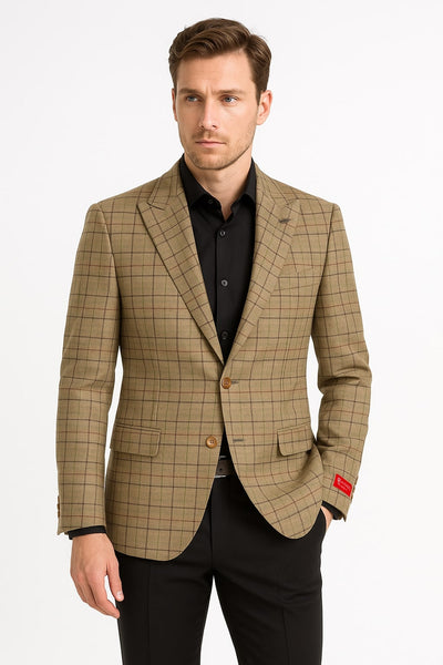 Men's Tan Plaid Blazer â€“ Windowpane Checkered Taupe Colar with Conservative burgunsih Pattern Mix Perfect For Business