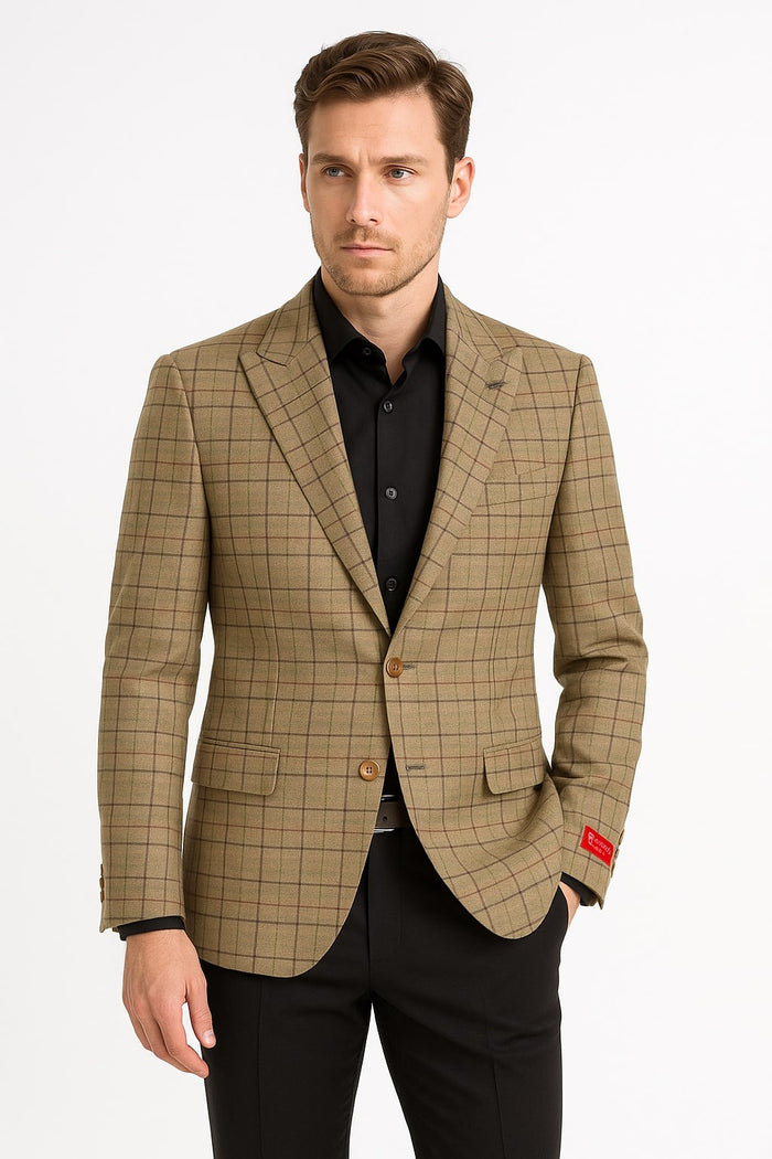 Men's Tan Plaid Blazer â€“ Windowpane Checkered Taupe Colar with Conservative burgunsih Pattern Mix Perfect For Business