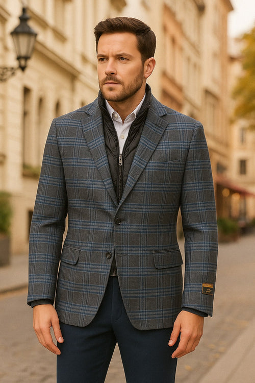 Men's Blue & Grey Checkered Wool plaid  Blazers with Quilted Inner Layer Alberto Nardoni Collection