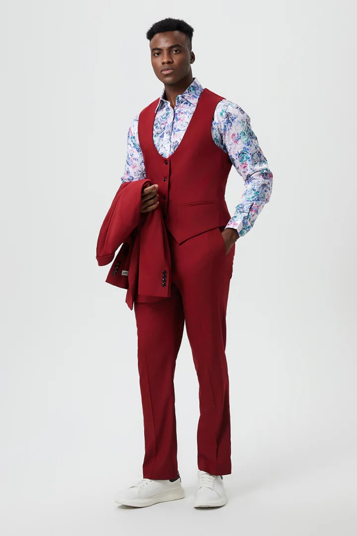 Cheap priced Suit - Men's Vested One Button Peak Lapel Stacy Adams Designer Cherry Red Suit - 38 Short Jacket+32 Waist Adjustable 28to34)(Height: 5 4 to5 7 )(Neck  15-16.5)S-M)