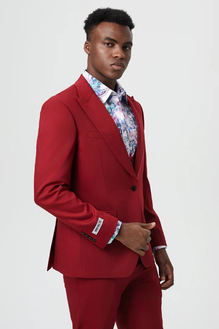Cheap priced Suit - Men's Vested One Button Peak Lapel Stacy Adams Designer Cherry Red Suit - 38 Short Jacket+32 Waist Adjustable 28to34)(Height: 5 4 to5 7 )(Neck  15-16.5)S-M)