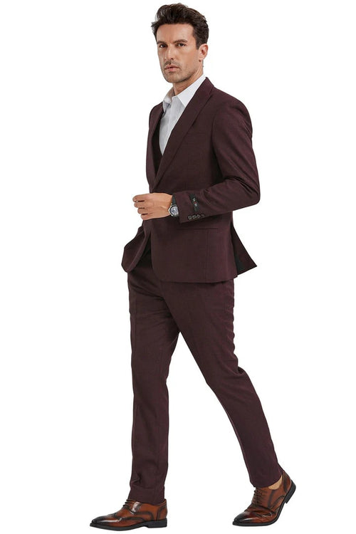 Cheap priced Suit  - Men's Slim Fit One Button Peak Lapel Double Breasted Vest Cherry Red   Sharkskin