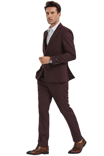 Cheap priced Suit  - Men's Slim Fit One Button Peak Lapel Double Breasted Vest Cherry Red   Sharkskin