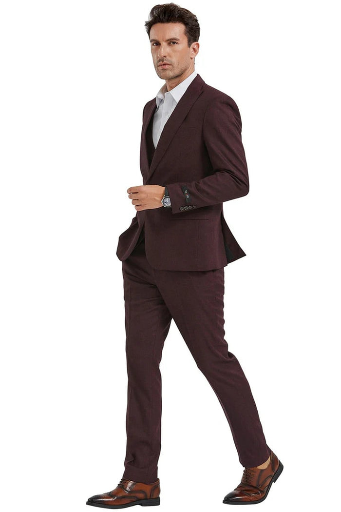Cheap priced Suit  - Men's Slim Fit One Button Peak Lapel Double Breasted Vest Cherry Red   Sharkskin