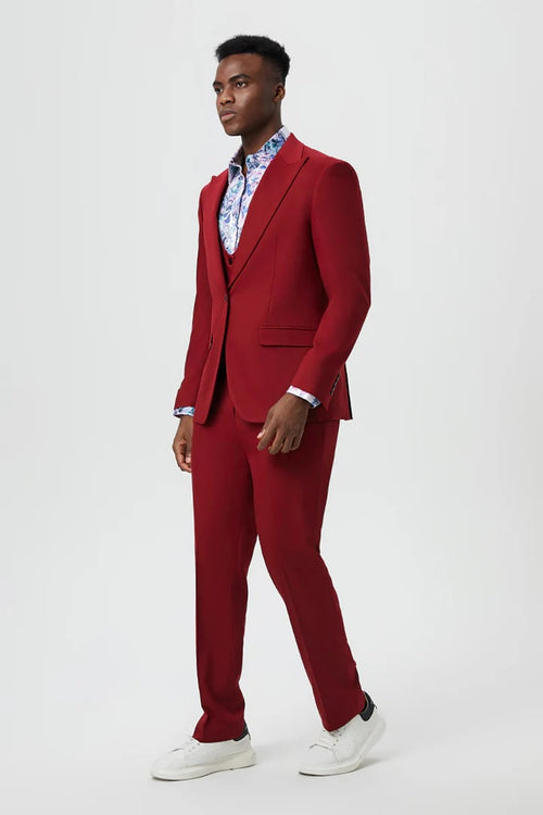 Cheap priced Suit - Men's Vested One Button Peak Lapel Stacy Adams Designer Cherry Red Suit