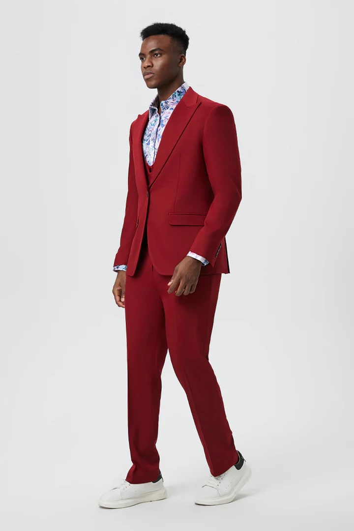 Cheap priced Suit - Men's Vested One Button Peak Lapel Stacy Adams Designer Cherry Red Suit - 38 Short Jacket+32 Waist Adjustable 28to34)(Height: 5 4 to5 7 )(Neck  15-16.5)S-M)