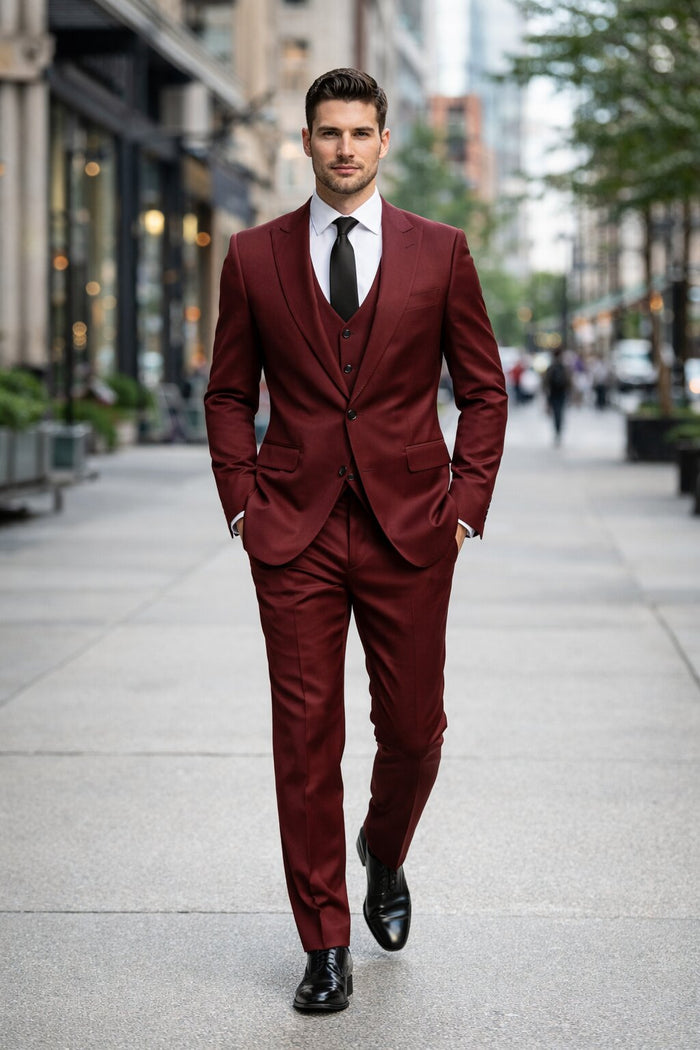 Mens Stacy Adams Suits - Designer Suit - 3 Piece Suit - Vested Suit - Flat Front Pant- Modern Fit Suits Cherry Suit