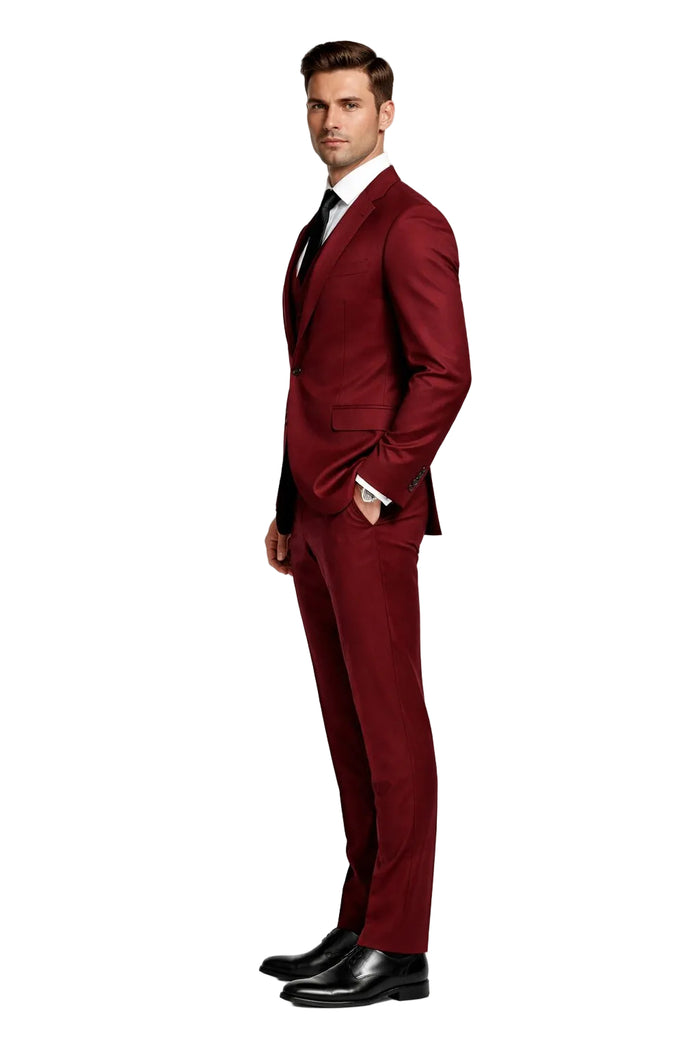 Mens Stacy Adams Suits - Designer Suit - 3 Piece Suit - Vested Suit - Flat Front Pant- Modern Fit Suits Cherry Suit