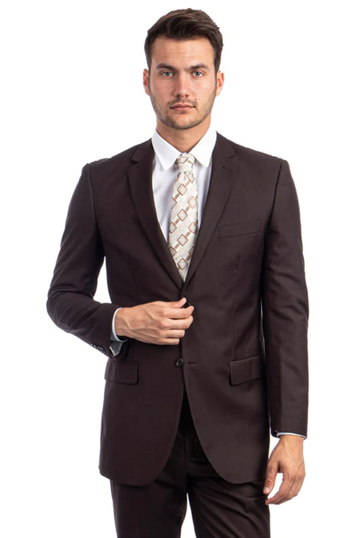 Cheap Priced Suit- Men's Two Button Basic Modern Fit Business Chocolate Suit - 38 Short Jacket+32 Waist Adjustable 28to34)(Height: 5 4 to5 7 )(Neck  15-16.5)S-M)