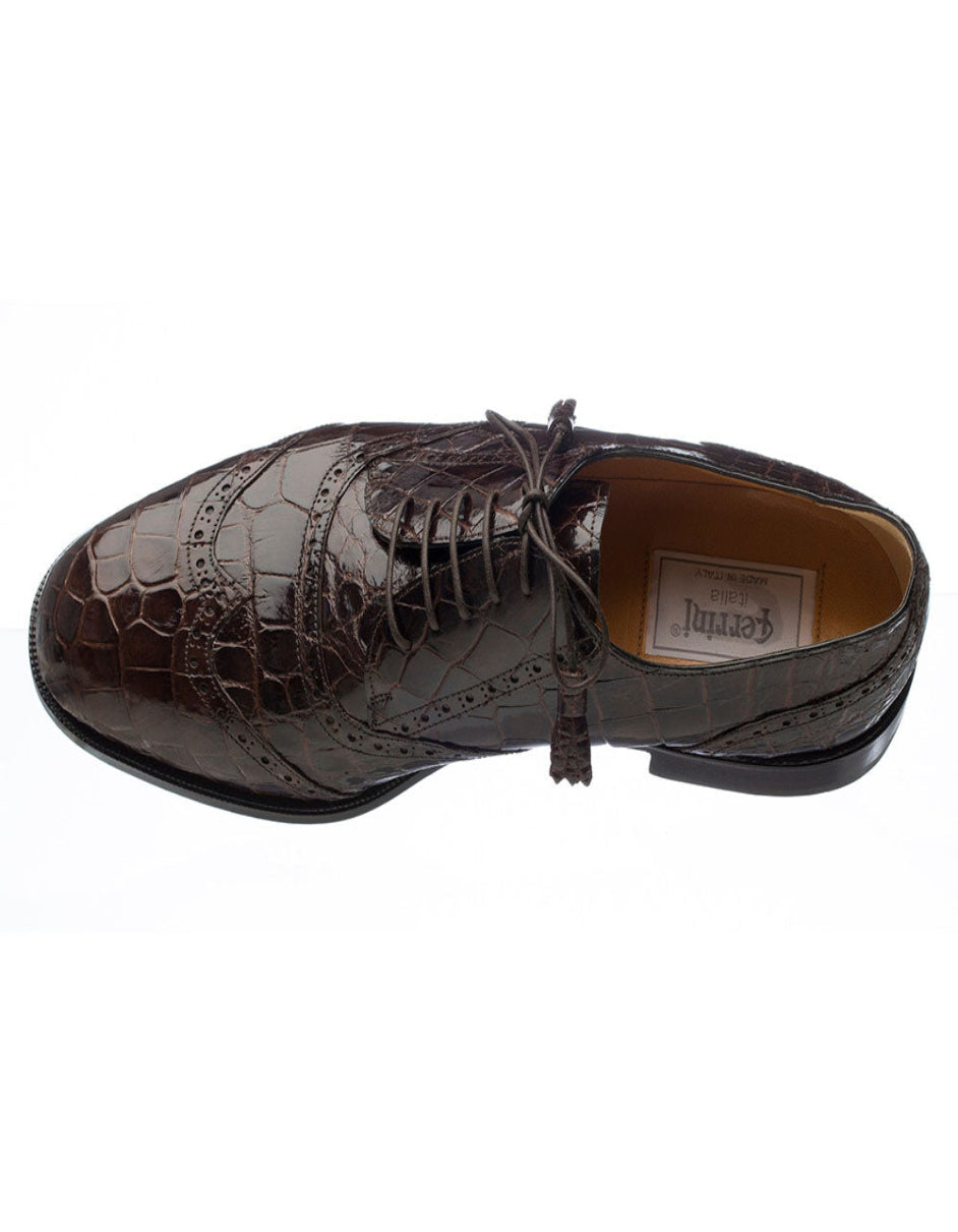 Ferrini Shoes - Mens Alligator Dress Shoe - Ferrini 3673 Belly Alligator Wingtip Shoes Chocolate - 10.5M