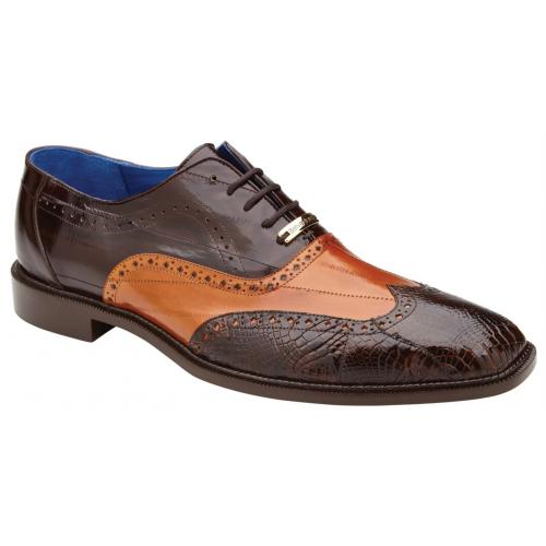 Belvedere Varo  Chocolate Brown & Tan Genuine Alligator Eel Wingtip Shoes - 6