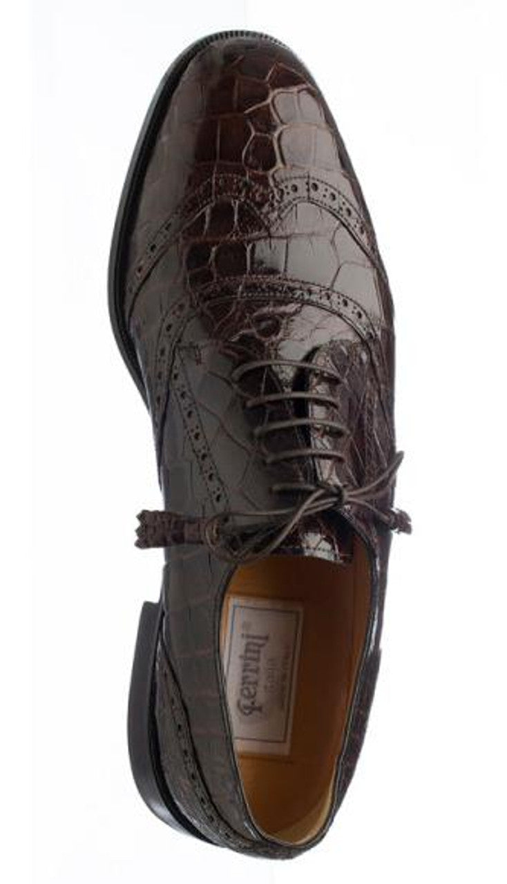 Alligator Belly Shoes Chocolate Brown Ferrini Mens Wingtip - 9