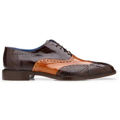 Belvedere Varo  Chocolate Brown & Tan Genuine Alligator Eel Wingtip Shoes - 6