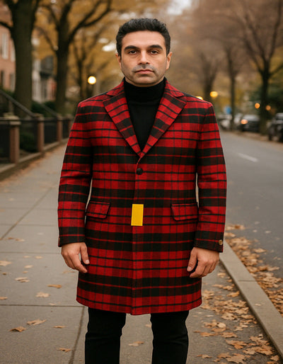 Mens Red and Black Plaid Wool Overcoat Three Quarter Carcoat - Christmas Coat - Red Peacoat