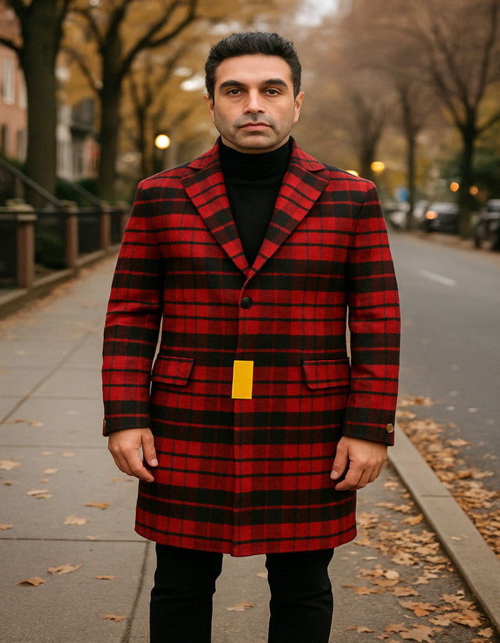 Mens Red and Black Plaid Wool Overcoat Three Quarter Carcoat - Christmas Coat - Red Peacoat