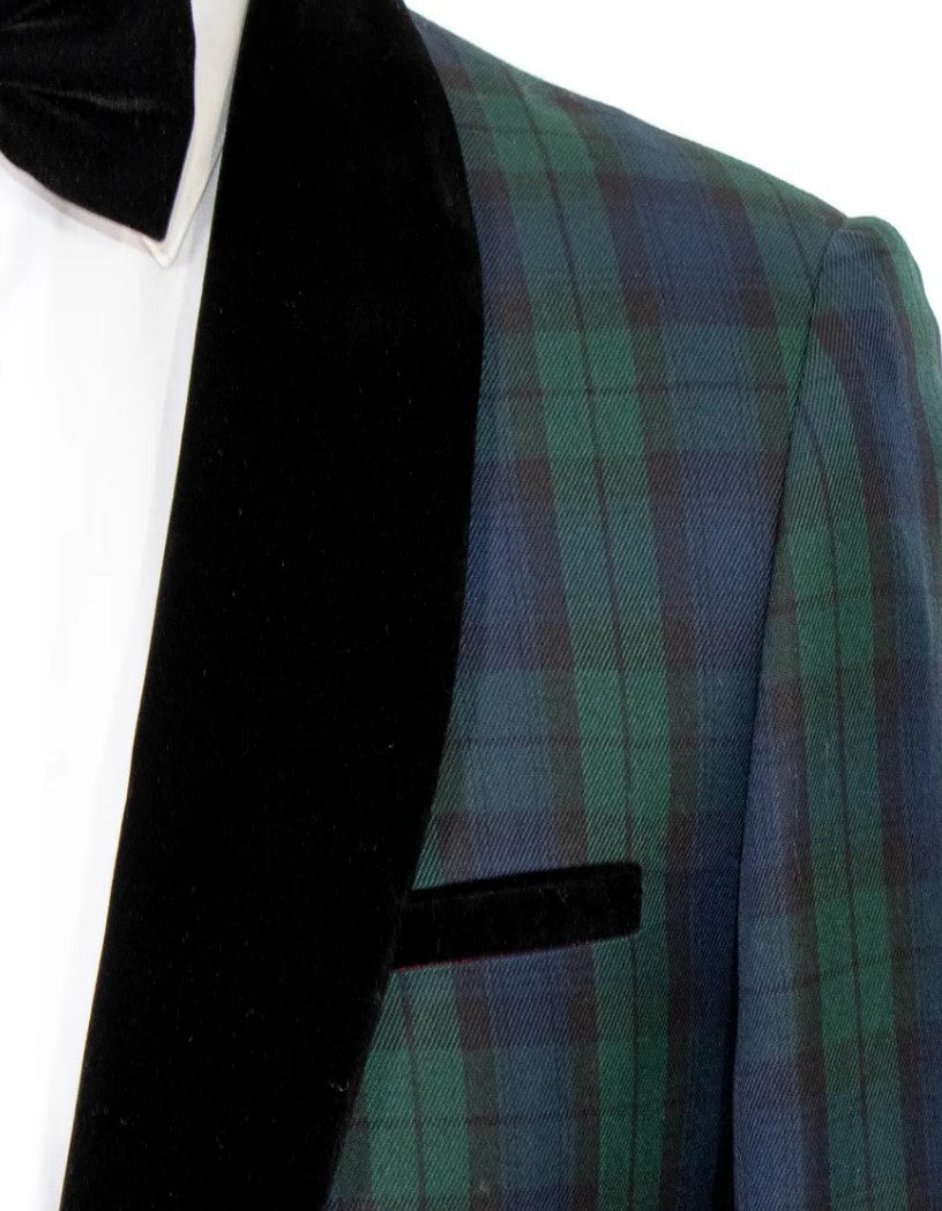 Green Tartan Tuxedo Dinner Jacket - Green and Blue Plaid Blazer - Checkered Sportcoat - S