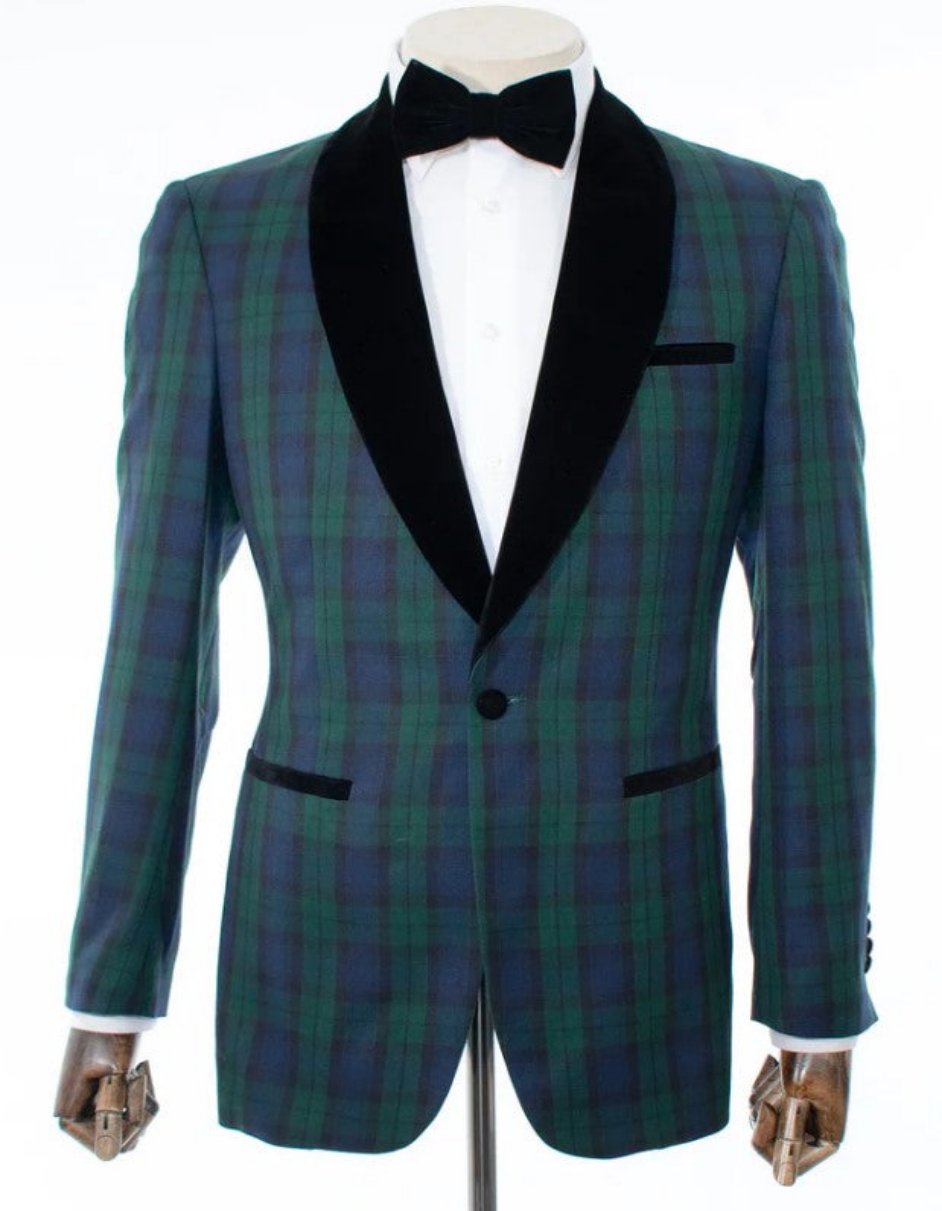 Green Tartan Tuxedo Dinner Jacket - Green and Blue Plaid Blazer - Checkered Sportcoat - S